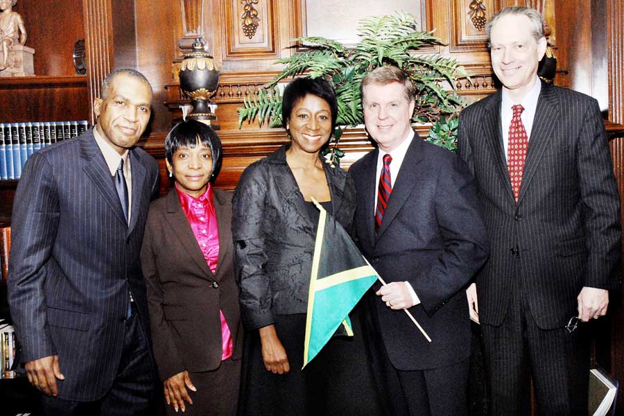 Consul General of Jamaica, Geneive Brown Metzger (centre) and Dr. Steven Metzger (right), join (from left) President of Intercessory Prayer Ministry International (IPMI), Rev. Newton Gabbidon and Mrs. Gabbidon; and Pastor of Brooklyn Tabernacle Church, Rev. Jim Cymbala, at special prayer service for Jamaica held at the Brooklyn Tabernacle Church in New York in March 2010.